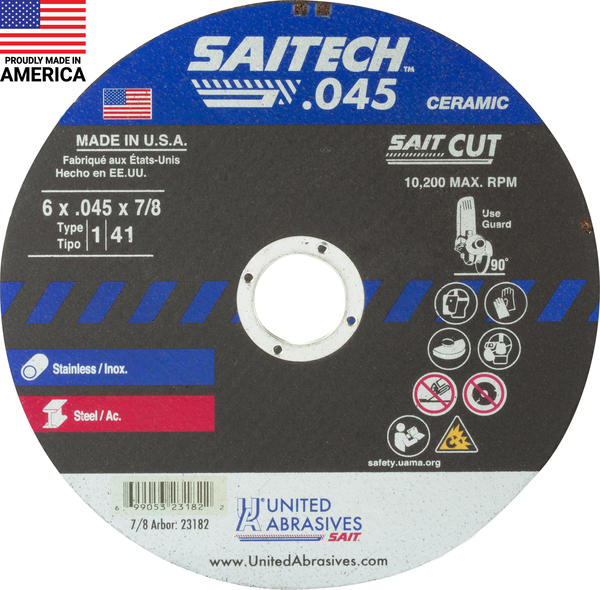 SAIT23182 6" X .045 X 7/8" SAITECH SS CUTOFF WHEEL