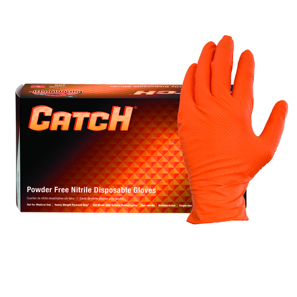 ADECAT45-XL X-LARGE CATCH 9 MIL POWDER FREE ORANGE NITRILE DIAMOND TEXTURE GLOVES 100/BX