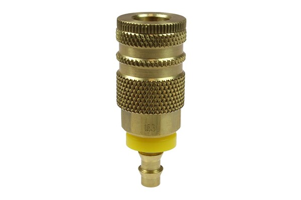 COI153L 1/4" BODY X 1/4" BARB BRASS INDUSTRIAL LOCK-ON HOSE COUPLER WITH PLASTIC SLEEVE