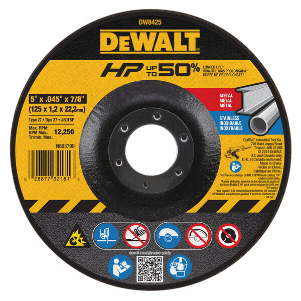 DEWDW8425 5" X .045" X 7/8" T27 THIN CUTTING WHEEL DCW