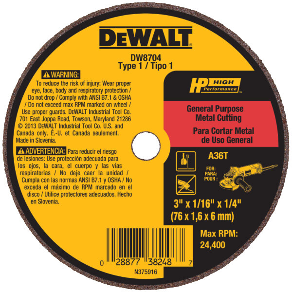 DEWDW8704 3" X 1/16" X 1/4" T1 A36T CUTTING WHEEL