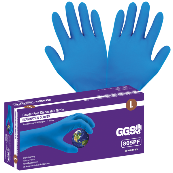 GLO805PF-XL X-LARGE 8 MIL POWDER FREE BLUE NITRILE EXAM GLOVES 50/BX