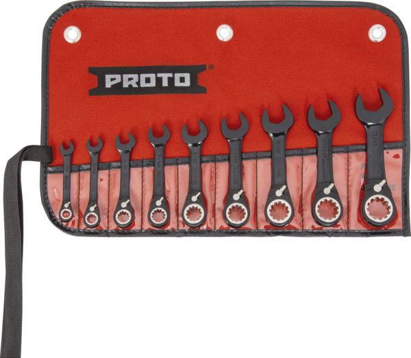 PROJSCVS-9S 9PC BLACK CHROME STUBBY REVERSIBLE RATCHETING COMBINATION WRENCH SET - SPLINE