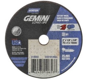 NOR66243510653 3" X 1/8" X 3/8" GEMINI LONG LIFE TYPE T01/41 A36 CUTOFF WHEEL