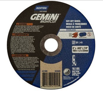 NOR66252841999 6" X .045 X 7/8" GEMINI RIGHTCUT INOX/SS TYPE T01/41 A36 CUTOFF WHEEL