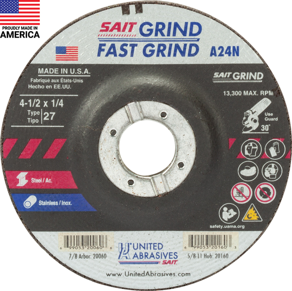 SAIT20060 TYPE 27 4 1/2 X 1/4 X 7/8 A24N GRINDING WHEEL