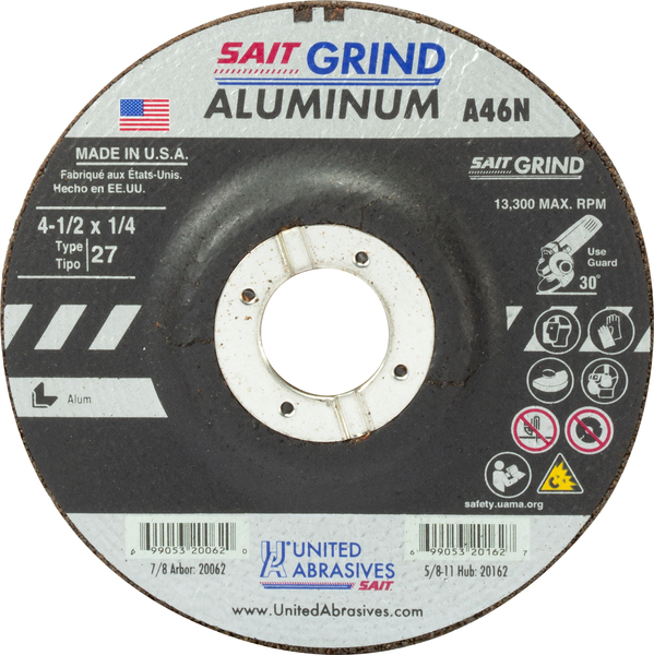 SAIT20072 TYPE 27 5 X 1/4 X 7/8 A46N GRINDING WHEEL (ALUMINUM)