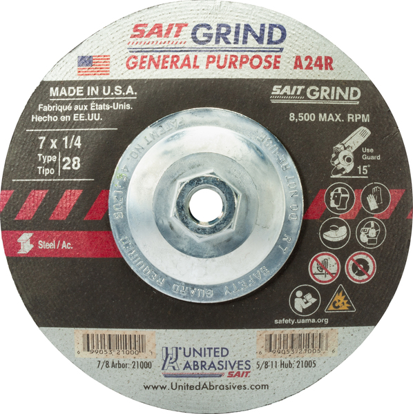 SAIT21005 TYPE 28 7 X 1/4 X 5/8-11 A24R GRINDING WHEEL