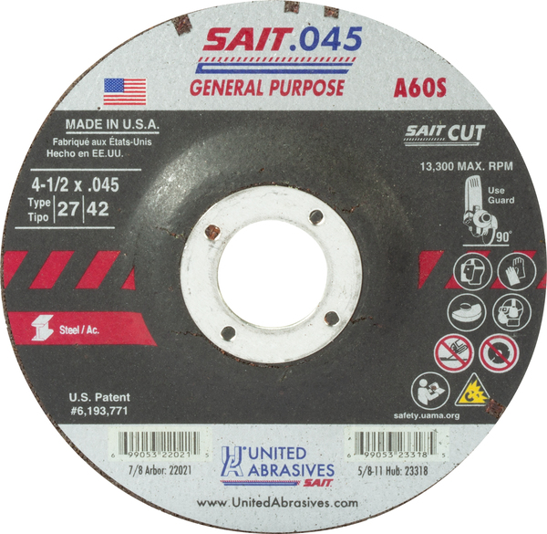 SAIT22021 TYPE 27 4 1/2 X 0.45 X 7/8 A60S CUTTING WHEEL