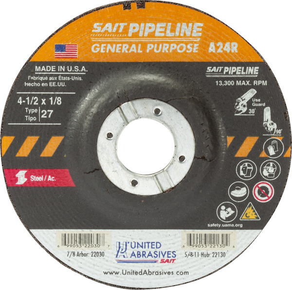 SAIT22030 TYPE 27 4 1/2 X 1/8 X 7/8 PIPELINE GRINDING/CUTOFF WHEEL