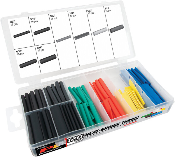 PERW5233 120PC HEAT SHRINK SET 5 COLORS 15 EACH SIZE: 5/32, 3/16, 9/32 & 5/16