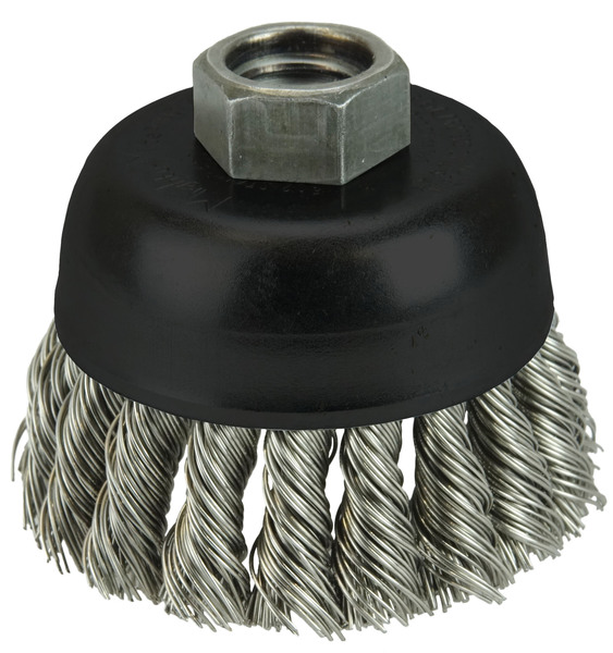 WEI13258 2 3/4 SINGLE ROW KNOT WIRE CUP BRUSH .020 STAINLESS FILL 5/8-11 ARBOR HOLE